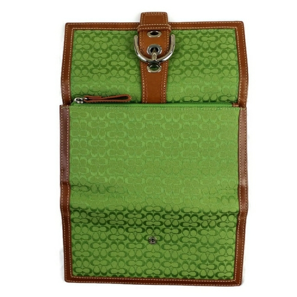 Coach Soho Signature Mini C Green Jacquard Dark Tan Trifold Checkbook Wallet Vtg - Picture 7 of 16